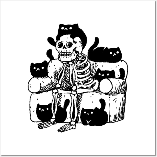 Skeleton chilling with a bunch of black cats Posters and Art